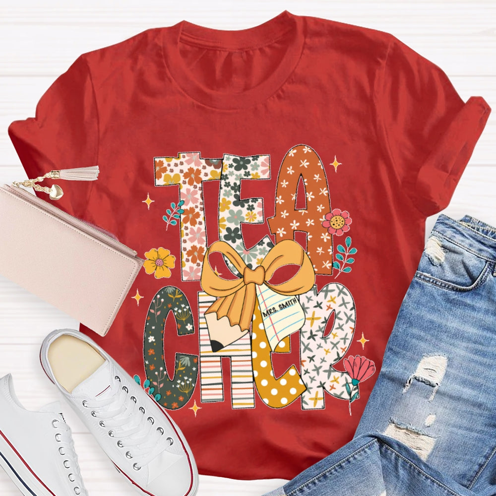 Personalized Name Teacher Pattern Letter Bow T-shirt