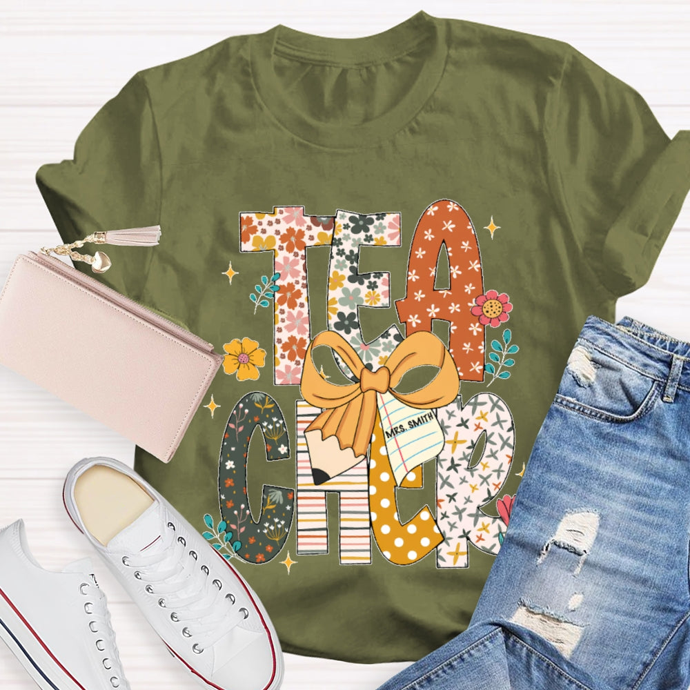 Personalized Name Teacher Pattern Letter Bow T-shirt
