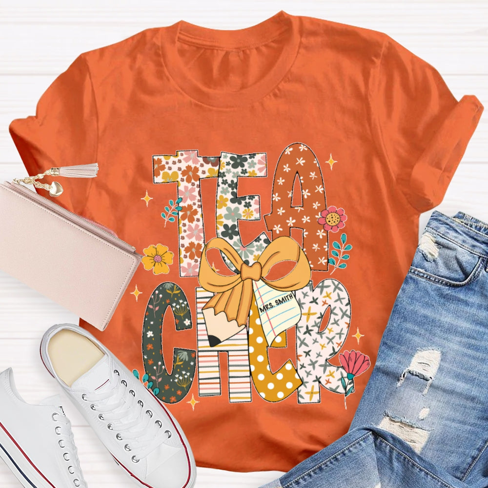 Personalized Name Teacher Pattern Letter Bow T-shirt