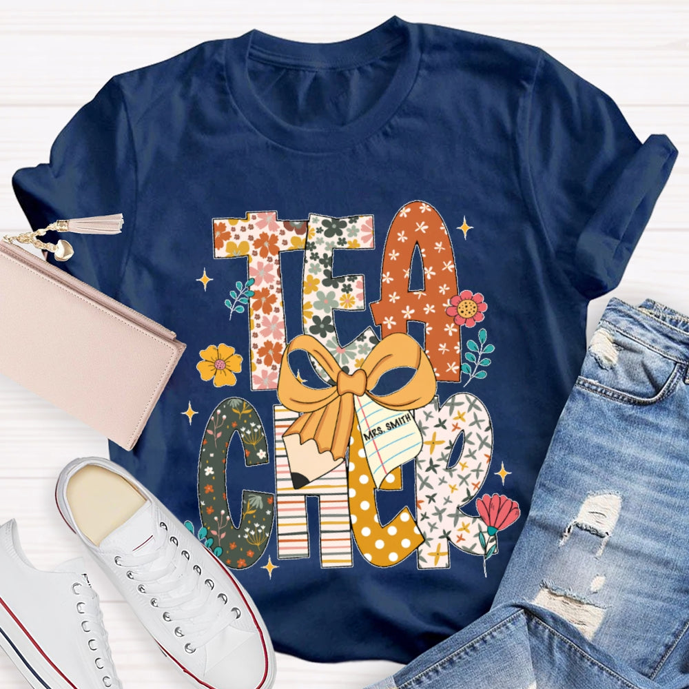 Personalized Name Teacher Pattern Letter Bow T-shirt