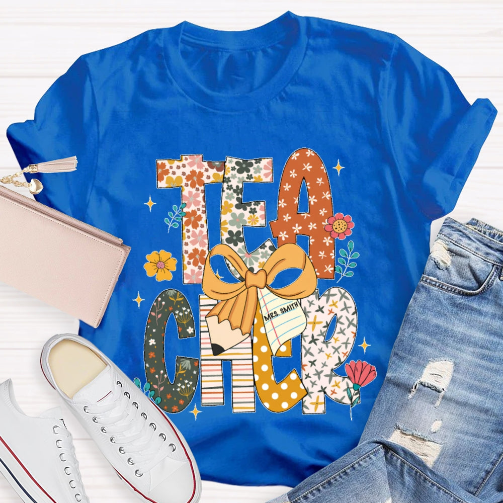 Personalized Name Teacher Pattern Letter Bow T-shirt