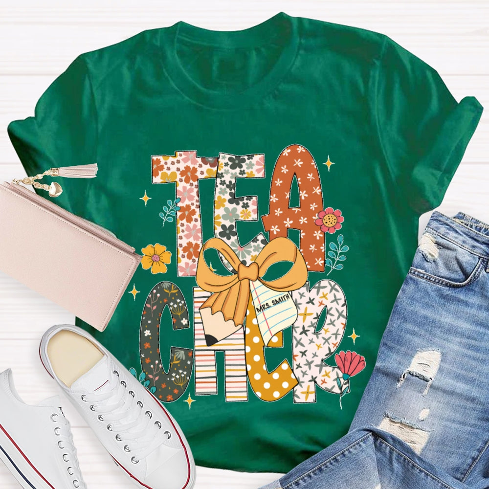 Personalized Name Teacher Pattern Letter Bow T-shirt
