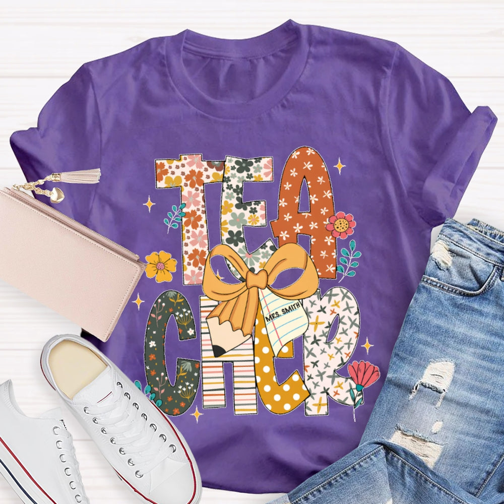 Personalized Name Teacher Pattern Letter Bow T-shirt
