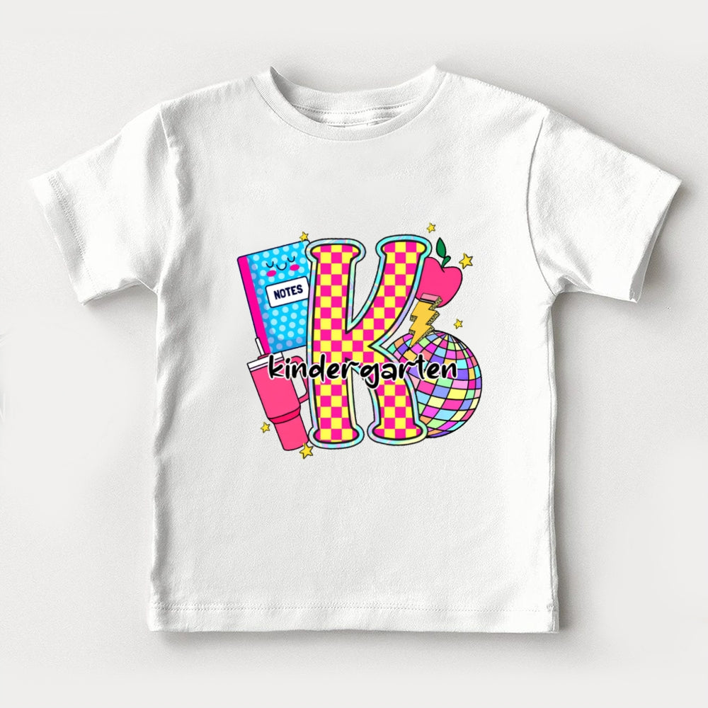 Personalized Grade Colorful Checkerboard Print K Is For Kindergarten Toddler&Kids Tees