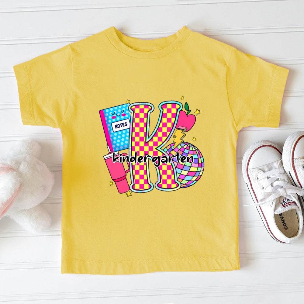 Personalized Grade Colorful Checkerboard Print K Is For Kindergarten Toddler&Kids Tees