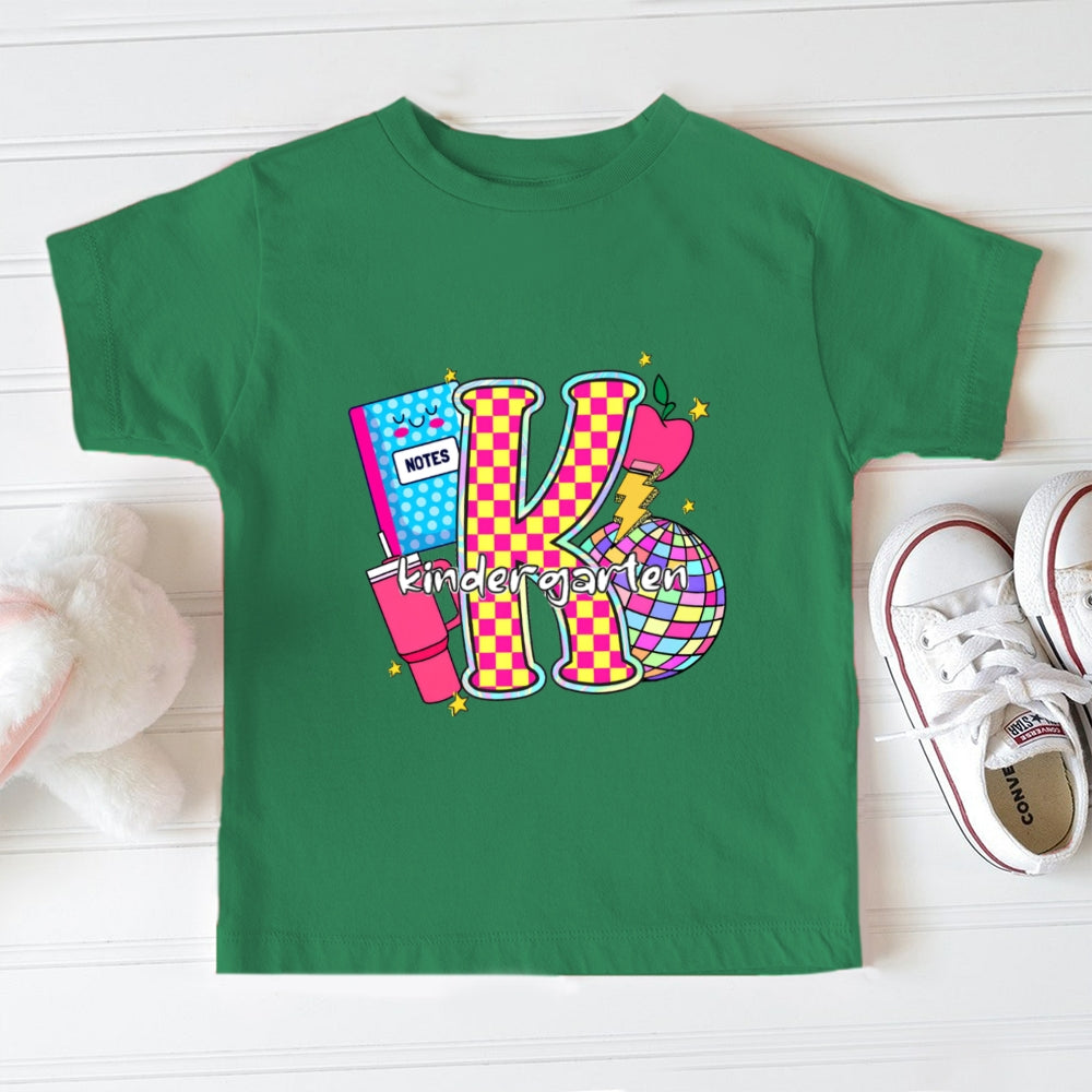 Personalized Grade Colorful Checkerboard Print K Is For Kindergarten Toddler&Kids Tees