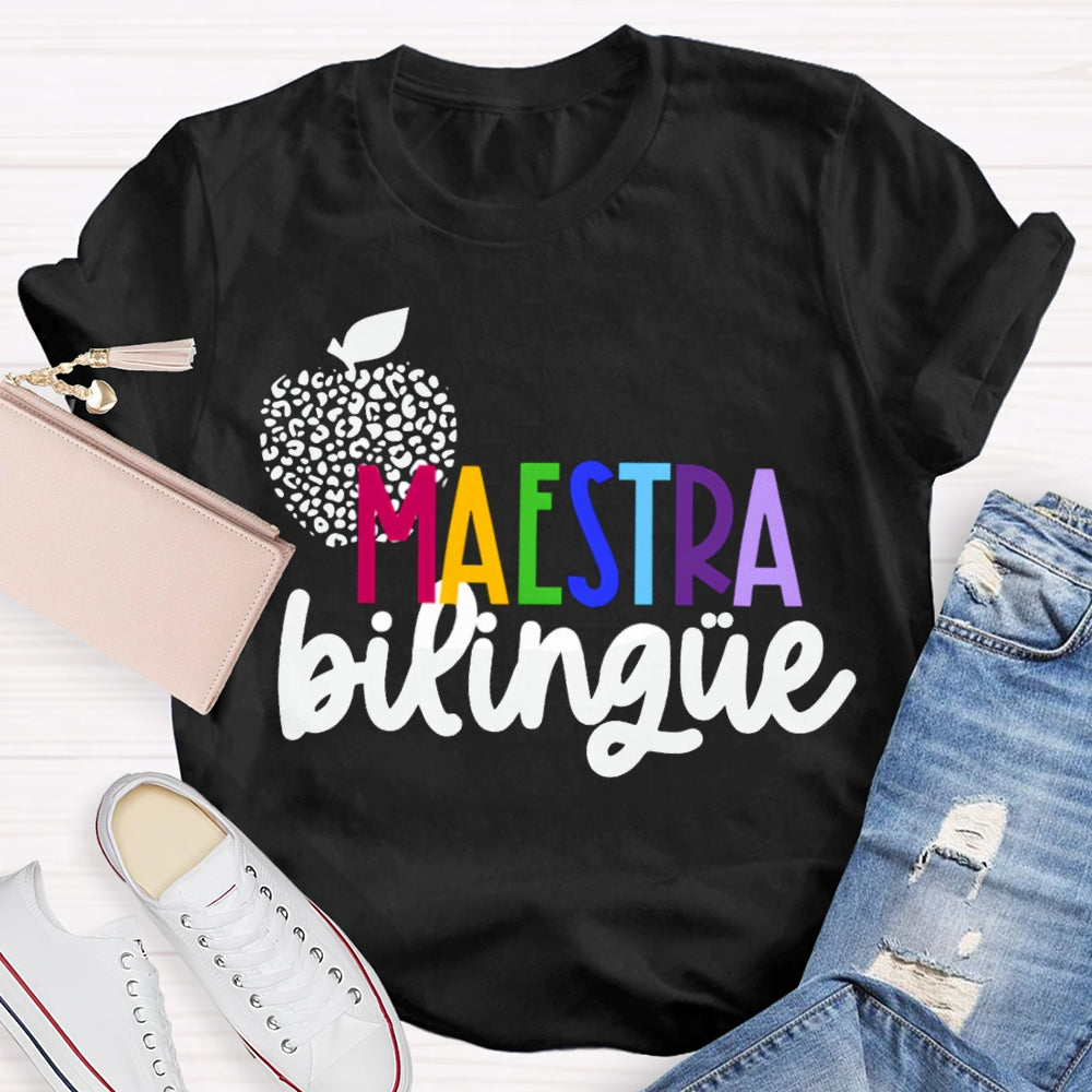 Maestra Bilingue Polka Dot Apple Colorful Letters T-shirt
