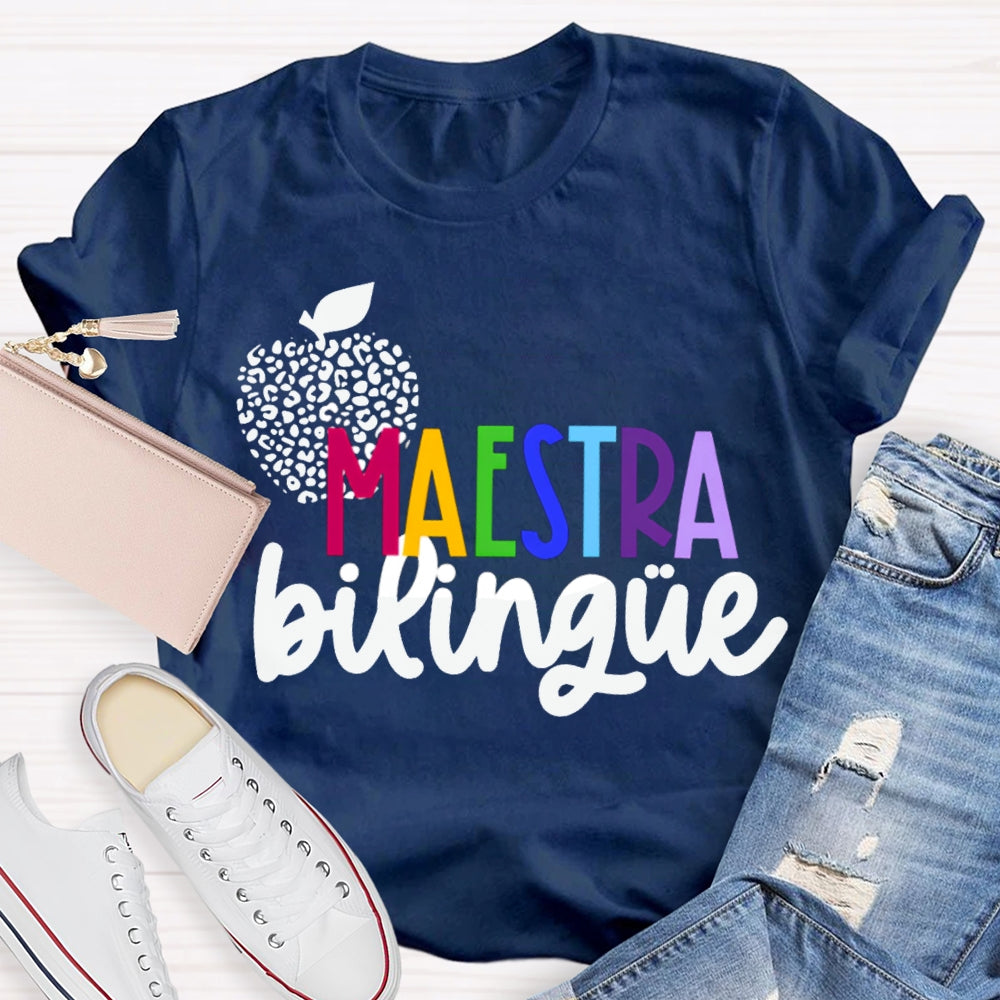 Maestra Bilingue Polka Dot Apple Colorful Letters T-shirt