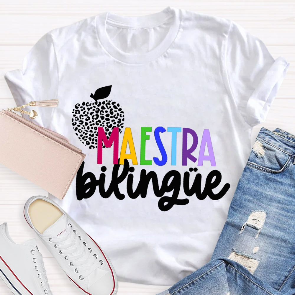 Maestra Bilingue Polka Dot Apple Colorful Letters T-shirt