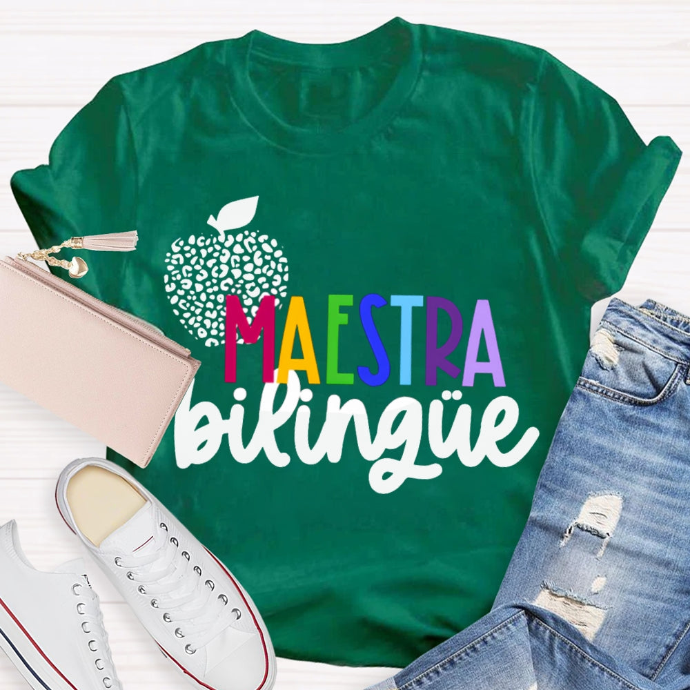 Maestra Bilingue Polka Dot Apple Colorful Letters T-shirt