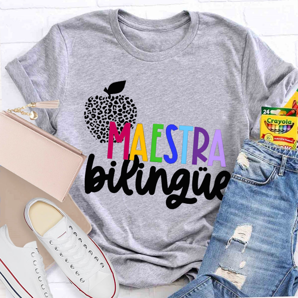 Maestra Bilingue Polka Dot Apple Colorful Letters T-shirt