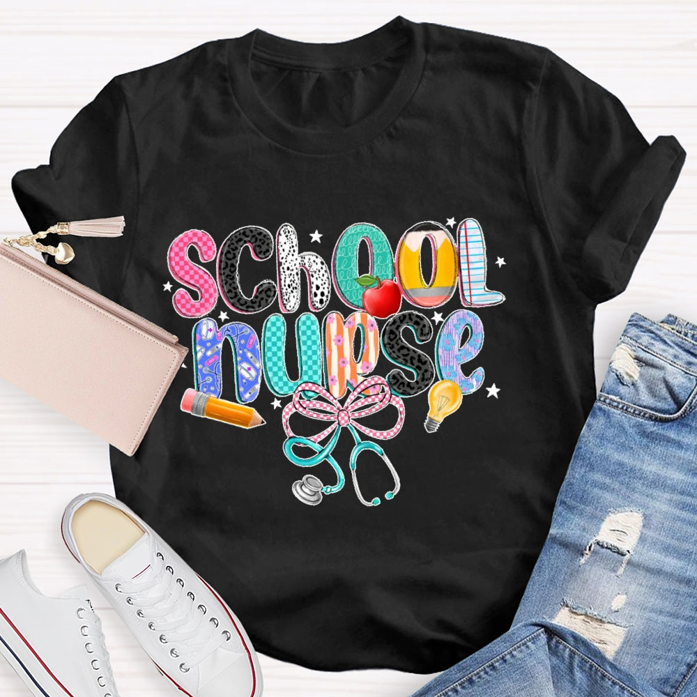 School Nurse Pink Letter Stethoscope T-Shirt