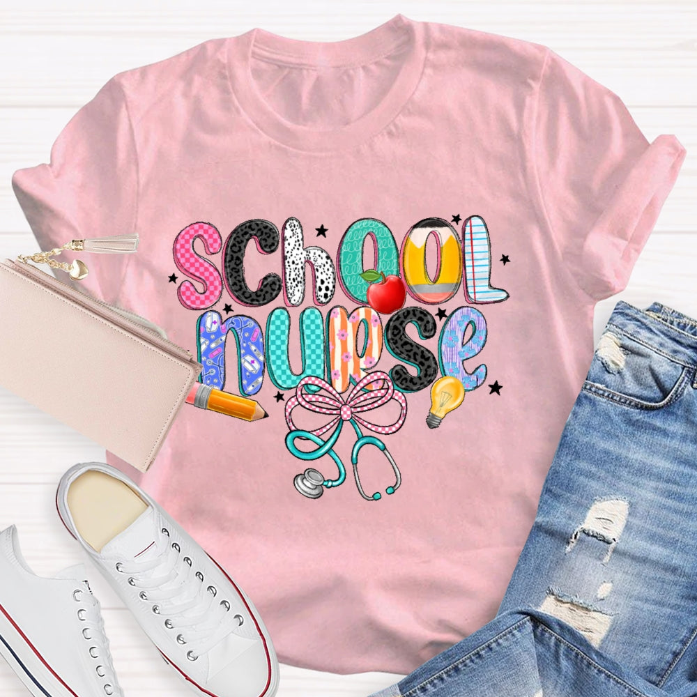School Nurse Pink Letter Stethoscope T-Shirt