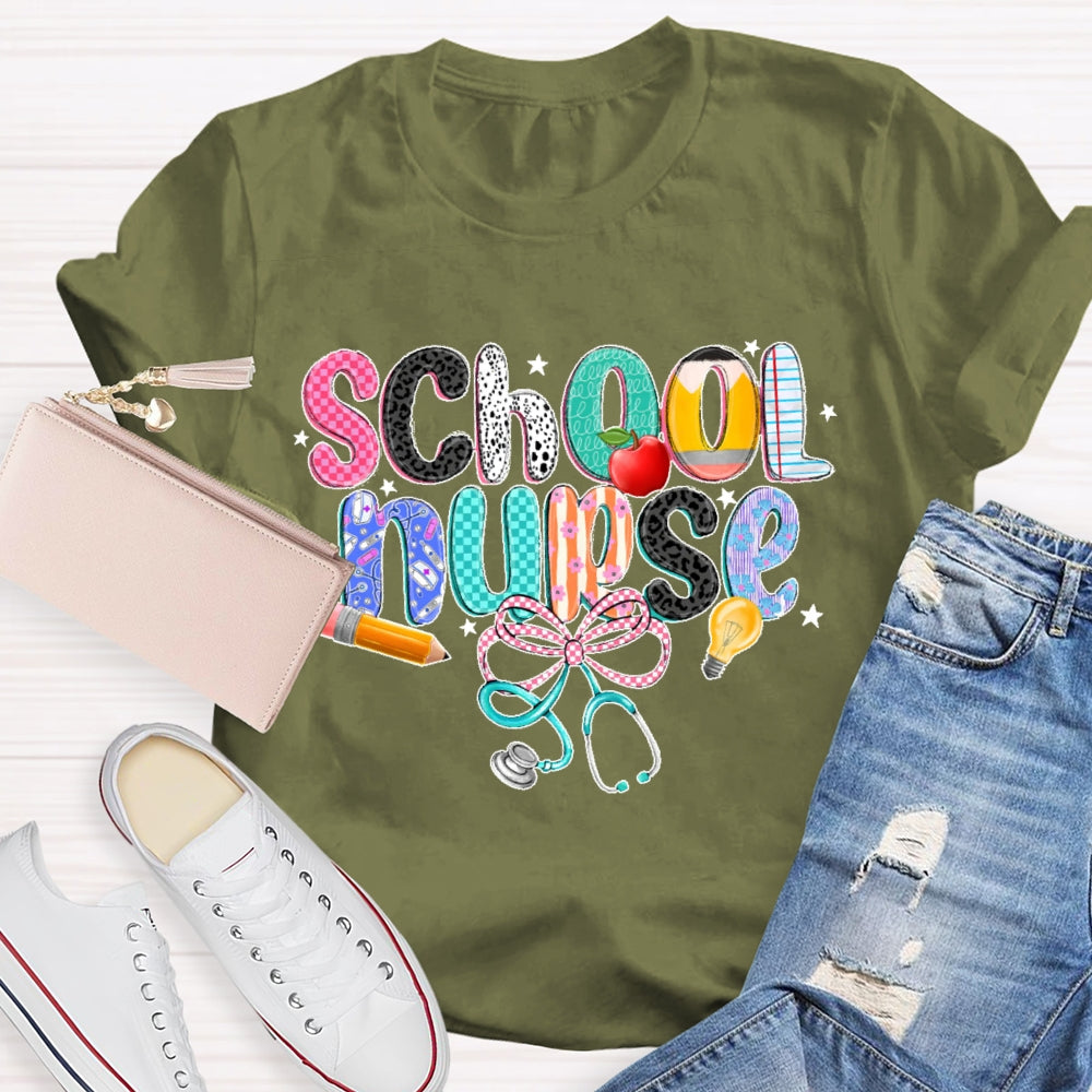 School Nurse Pink Letter Stethoscope T-Shirt