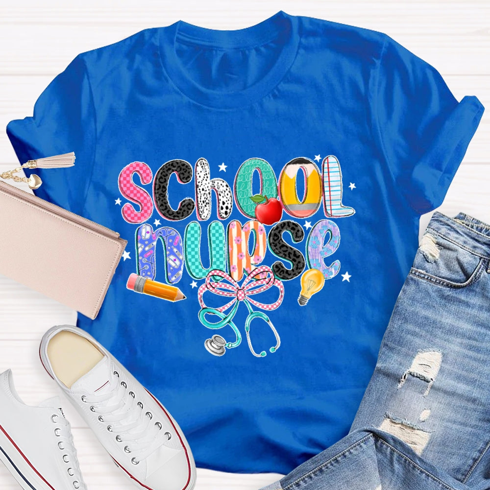 School Nurse Pink Letter Stethoscope T-Shirt