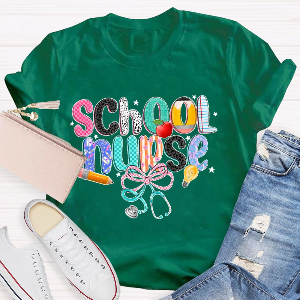 School Nurse Pink Letter Stethoscope T-Shirt