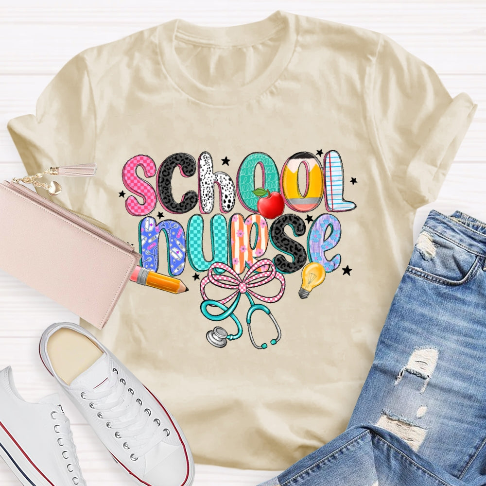 School Nurse Pink Letter Stethoscope T-Shirt