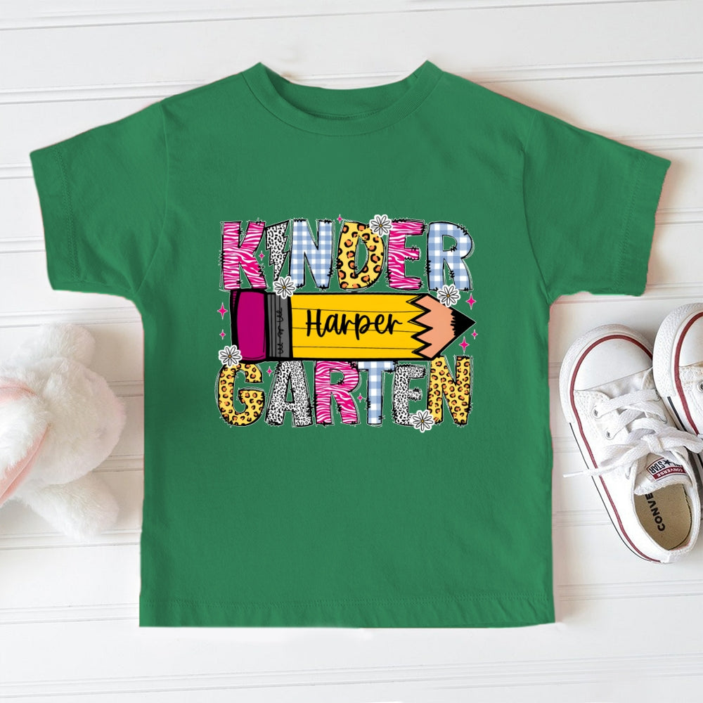 Personalized Name Kindergarten Leopard Print Pencil Toddler T-shirts
