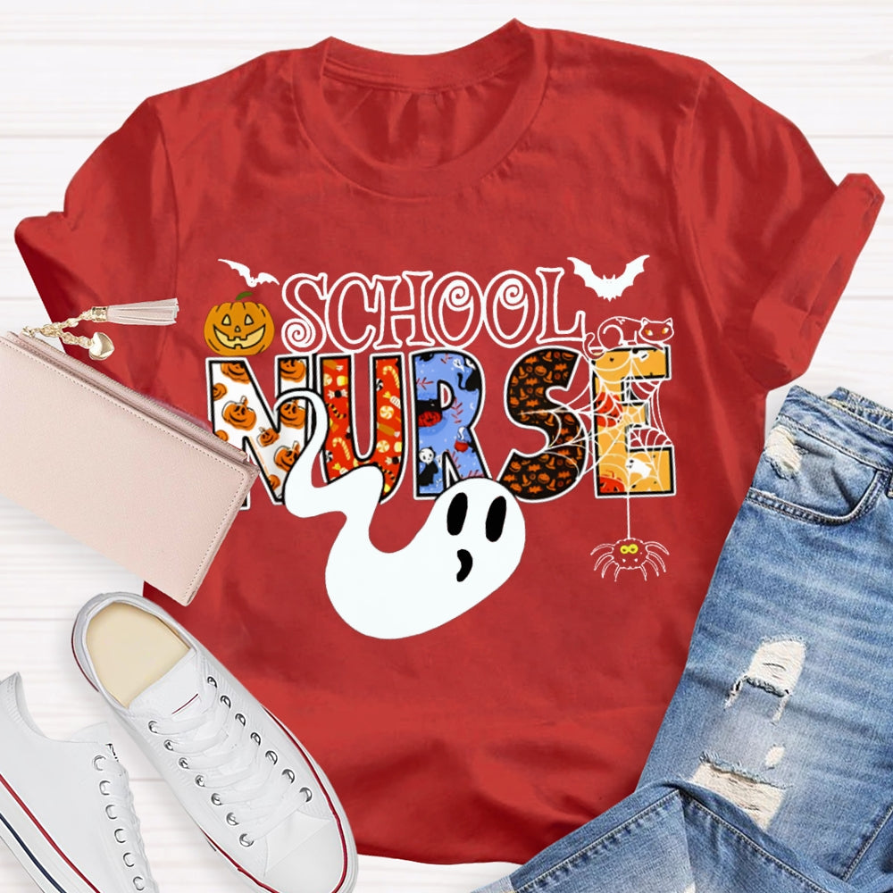 School Nurse Cute Ghost And Pumpkin Alphabet Funny Halloween T-shirt