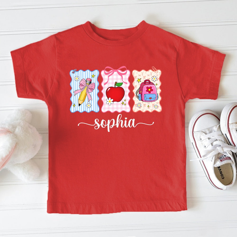 Personalized Name Bow-Knot Pencil Apple And School Bag Toddler T-shirts