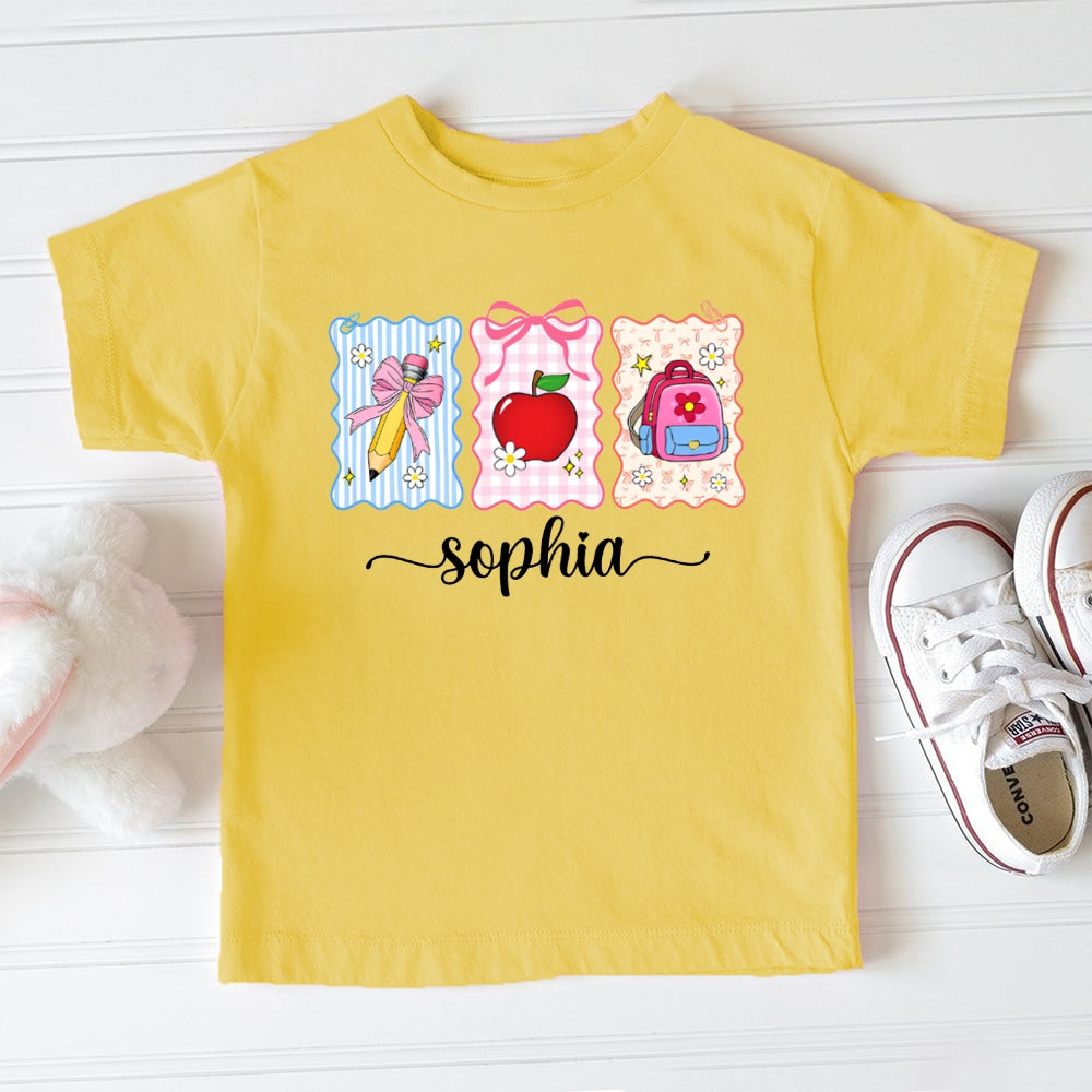 Personalized Name Bow-Knot Pencil Apple And School Bag Toddler T-shirts