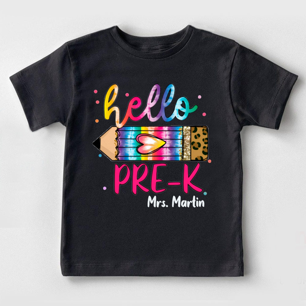 Personalized Name And Grade Hello Pre-K Gradient And Leopard Print Pencils Toddler T-shirts