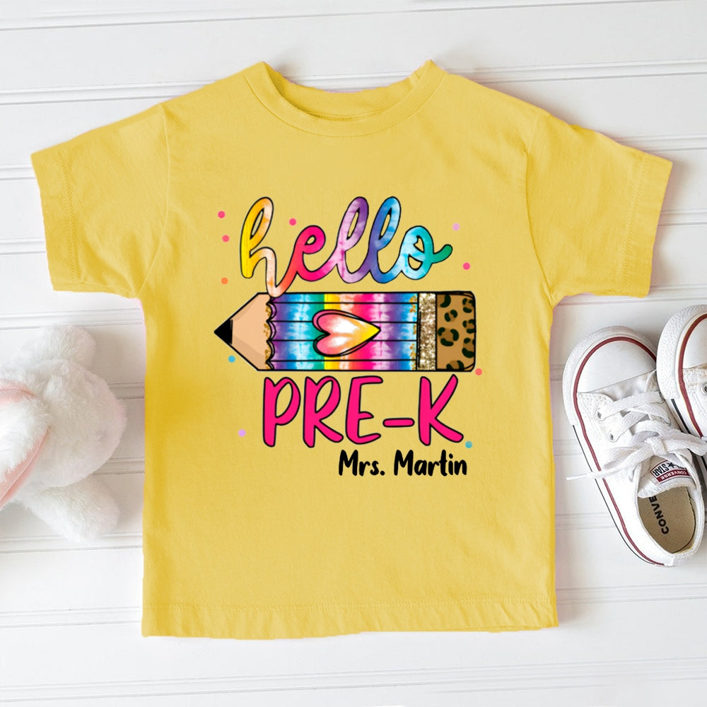Personalized Name And Grade Hello Pre-K Gradient And Leopard Print Pencils Toddler T-shirts