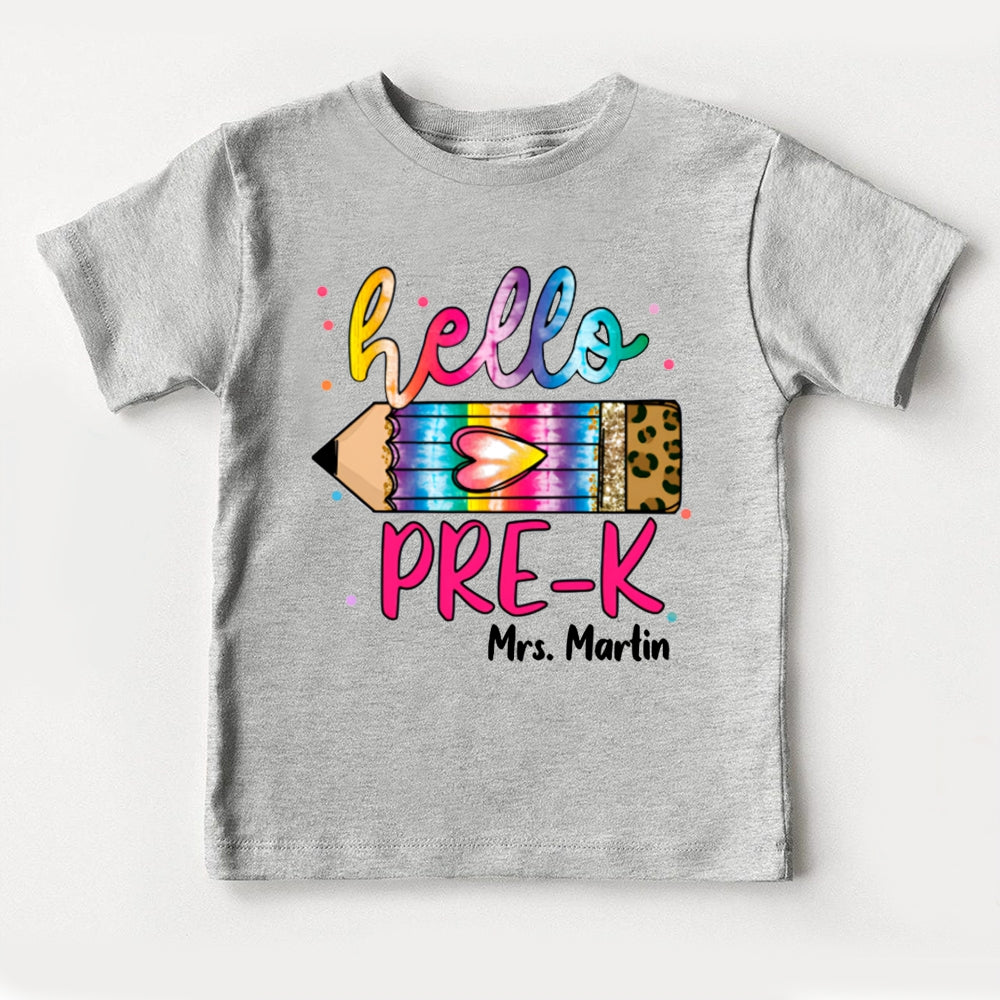Personalized Name And Grade Hello Pre-K Gradient And Leopard Print Pencils Toddler T-shirts