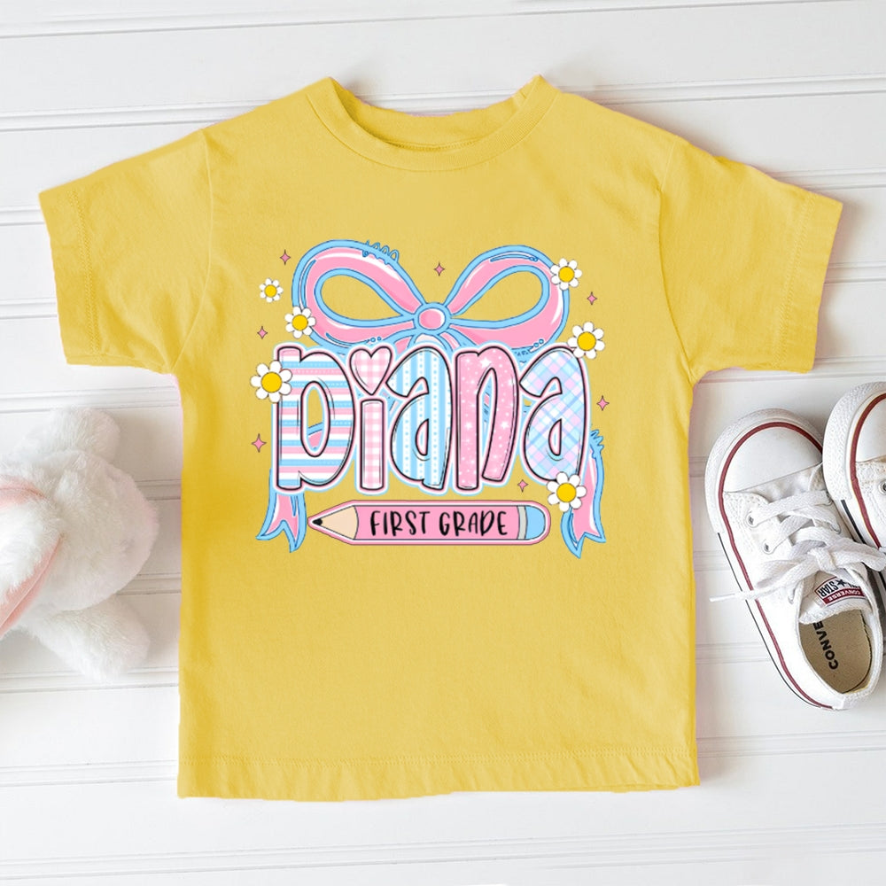 Personalized Name And Grade First Grade Bows And Sunflowers Toddler T-shirts