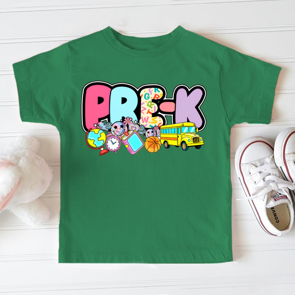 Personalized Grade Kindergarten Globe Alarm Clock And School Bus Toddler T-shirts