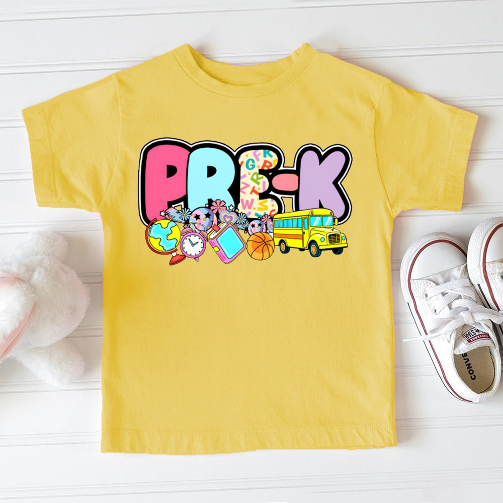 Personalized Grade Kindergarten Globe Alarm Clock And School Bus Toddler T-shirts