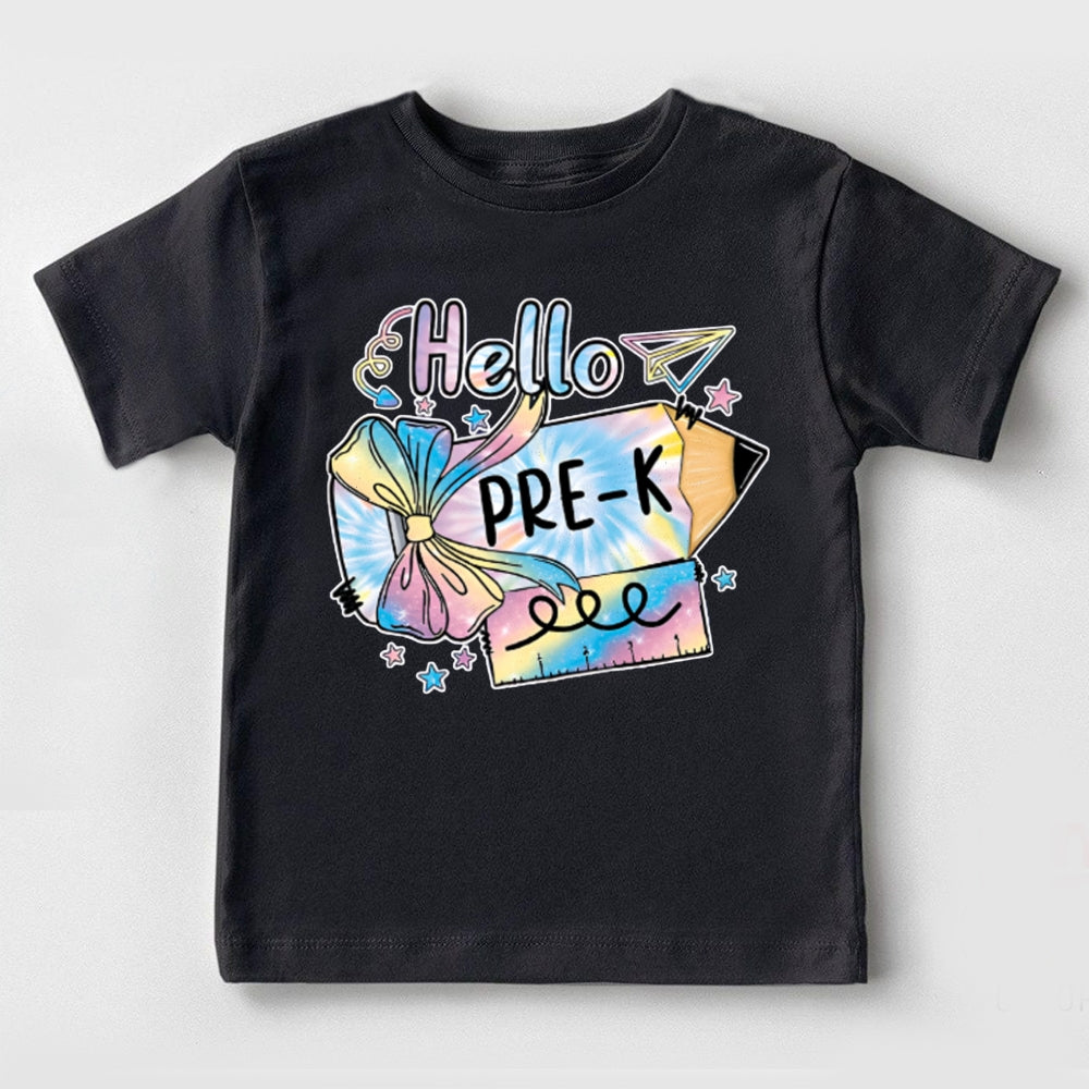 Personalized Grade Hello Pre-K Colorful Tie-Dye Bow Pencils Toddler T-shirts