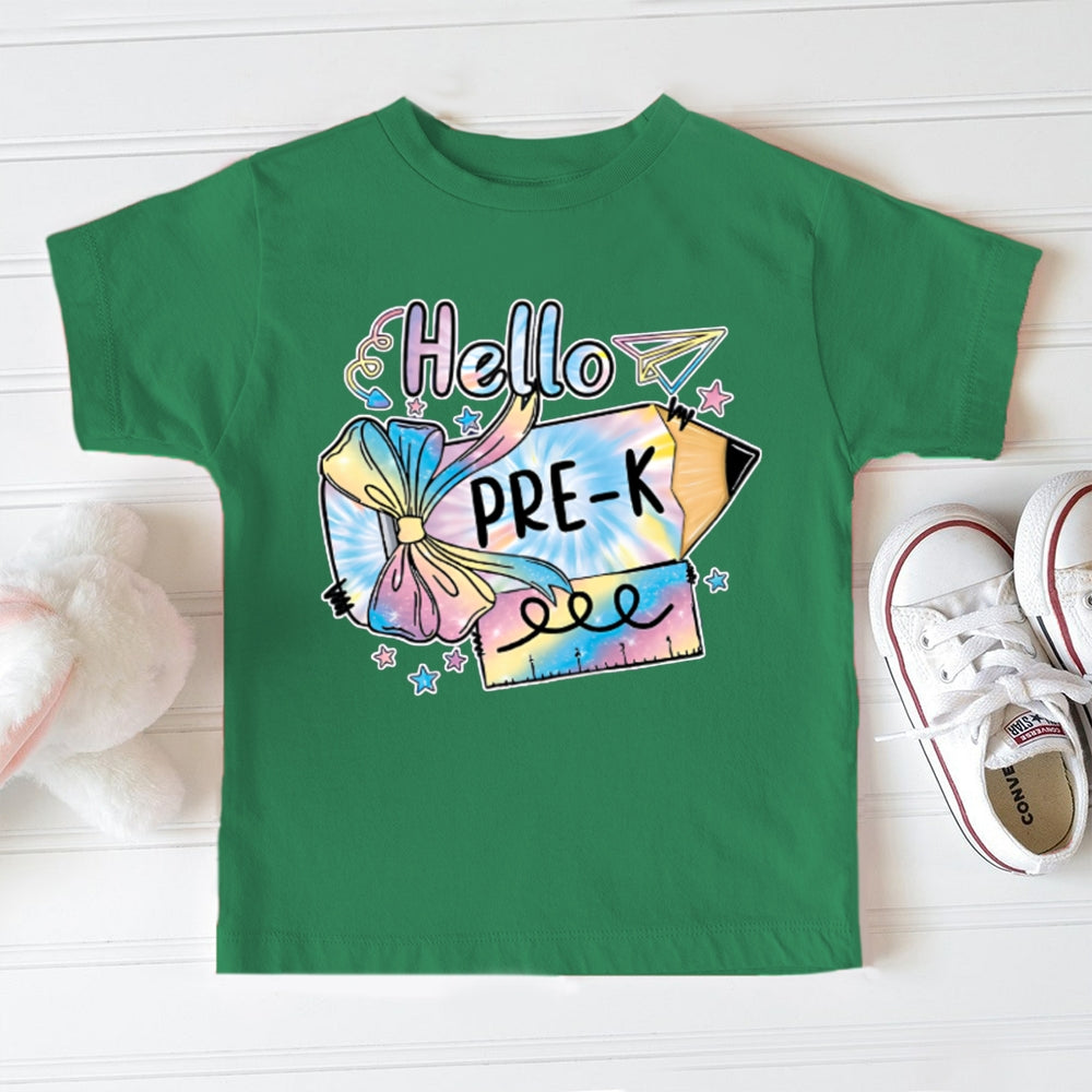 Personalized Grade Hello Pre-K Colorful Tie-Dye Bow Pencils Toddler T-shirts