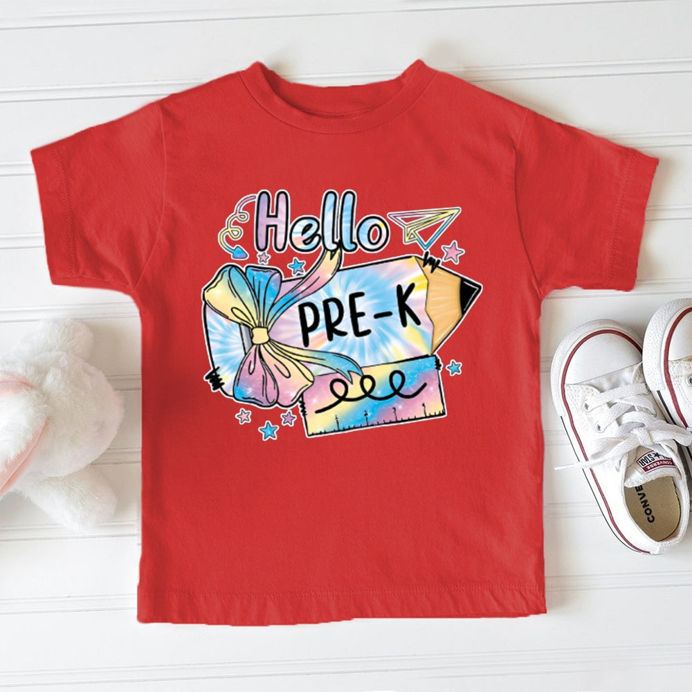 Personalized Grade Hello Pre-K Colorful Tie-Dye Bow Pencils Toddler T-shirts