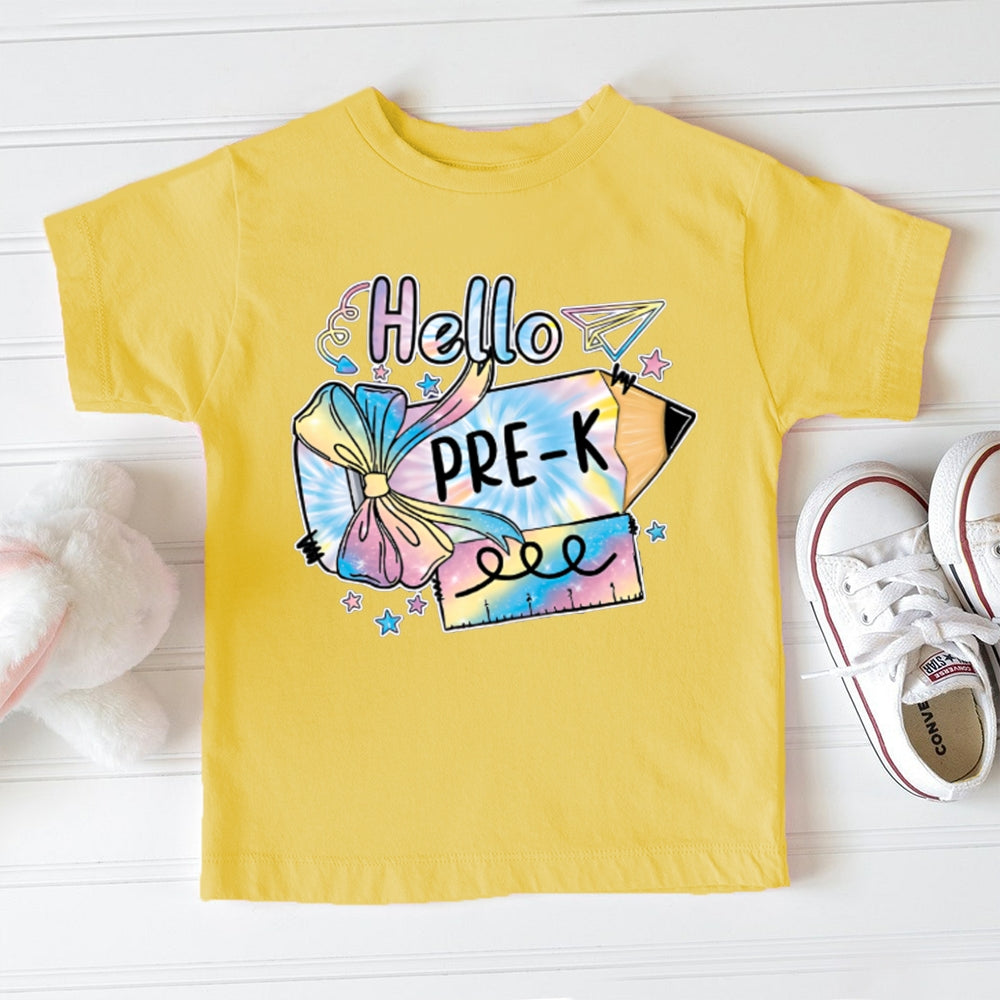 Personalized Grade Hello Pre-K Colorful Tie-Dye Bow Pencils Toddler T-shirts