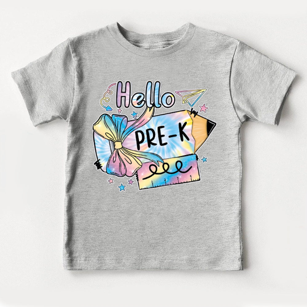 Personalized Grade Hello Pre-K Colorful Tie-Dye Bow Pencils Toddler T-shirts