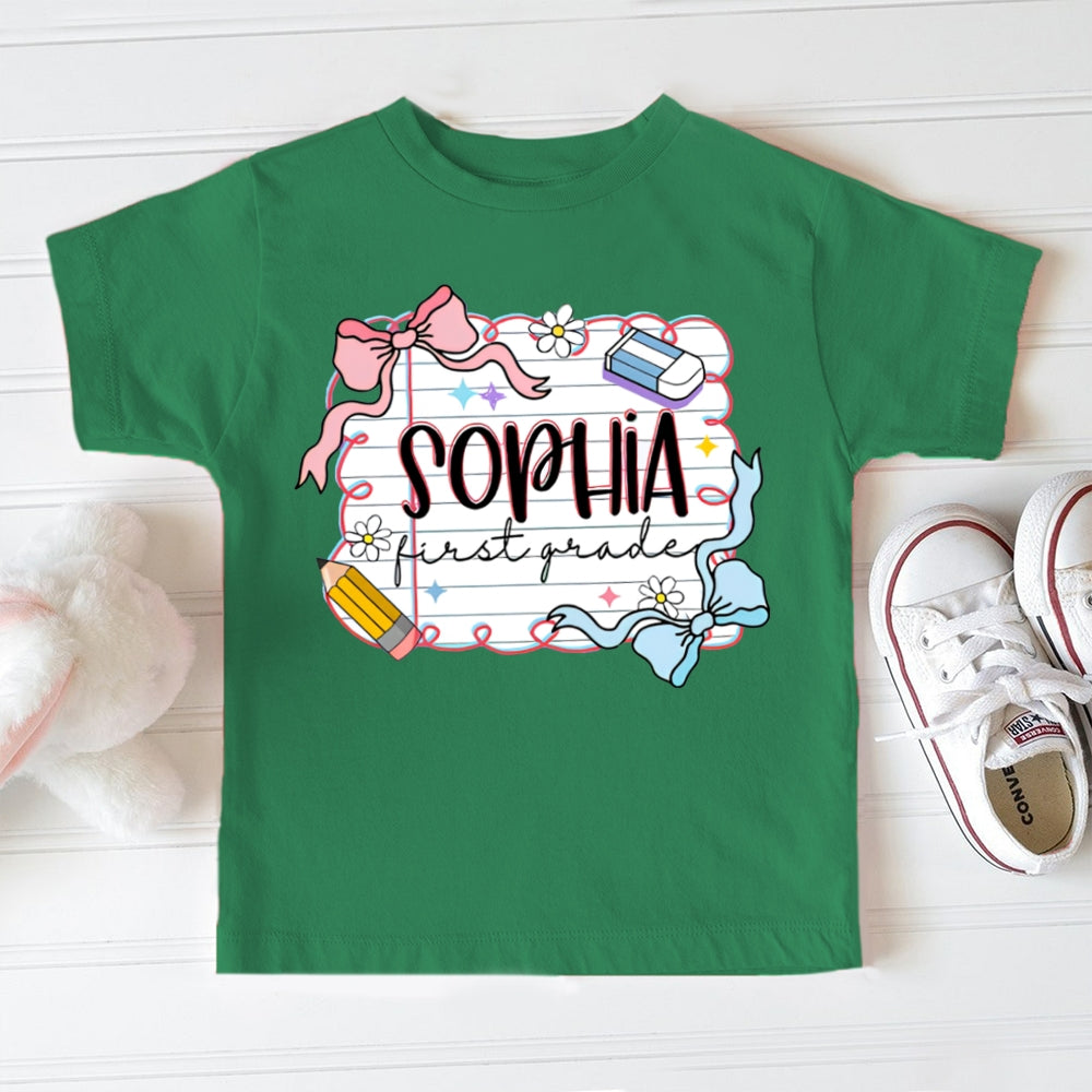 Personalized Name And Grade First Grade Cute Bows And School Supplies Toddler T-shirts