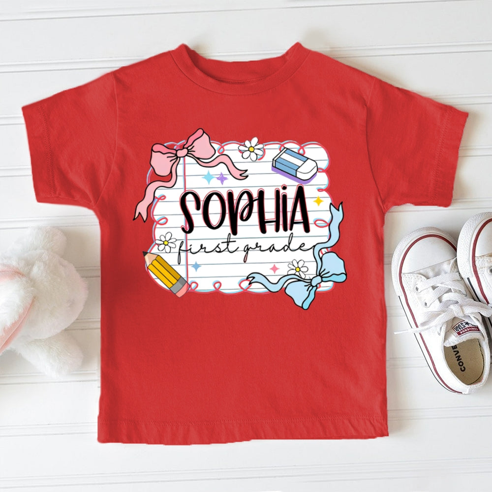 Personalized Name And Grade First Grade Cute Bows And School Supplies Toddler T-shirts
