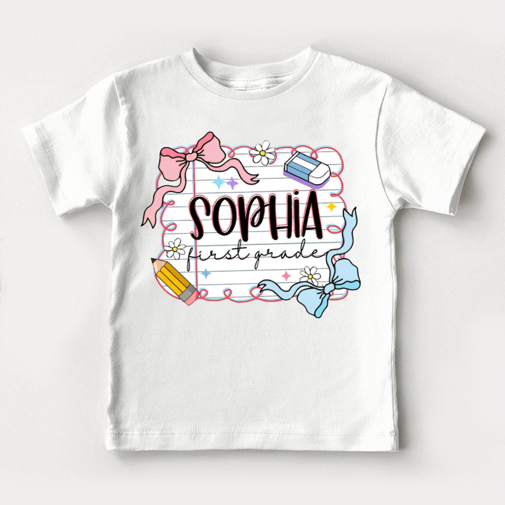 Personalized Name And Grade First Grade Cute Bows And School Supplies Toddler T-shirts
