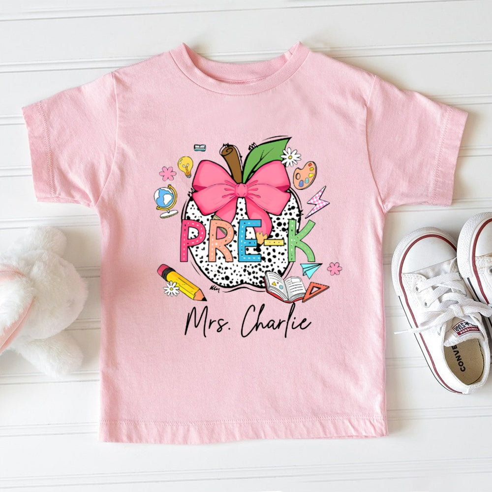 Personalized Name Pre-K Pink Bow And Polka Dot Apple Toddler T-shirts