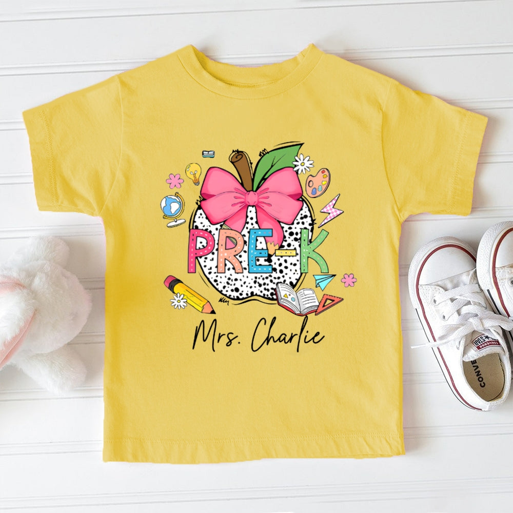Personalized Name Pre-K Pink Bow And Polka Dot Apple Toddler T-shirts
