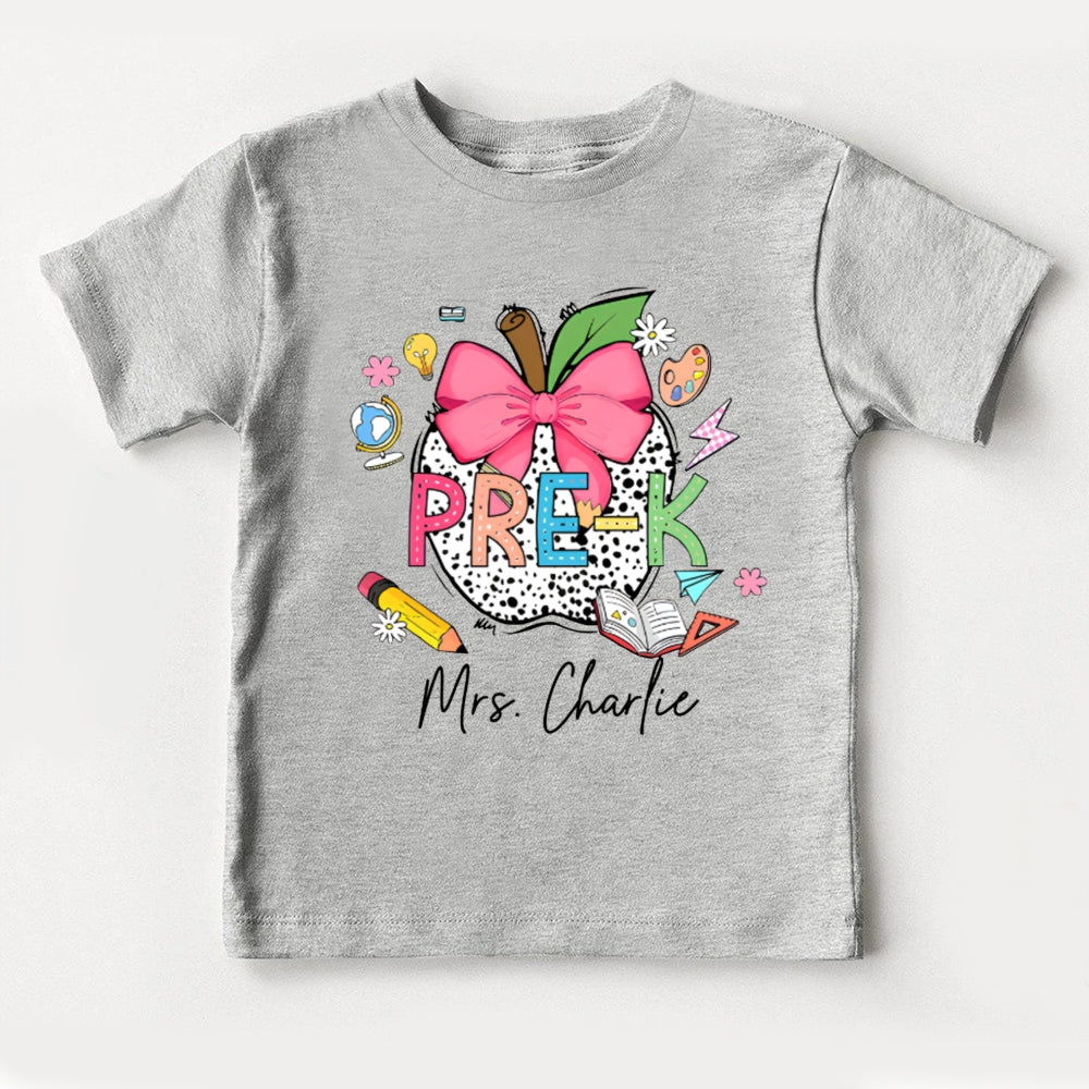 Personalized Name Pre-K Pink Bow And Polka Dot Apple Toddler T-shirts