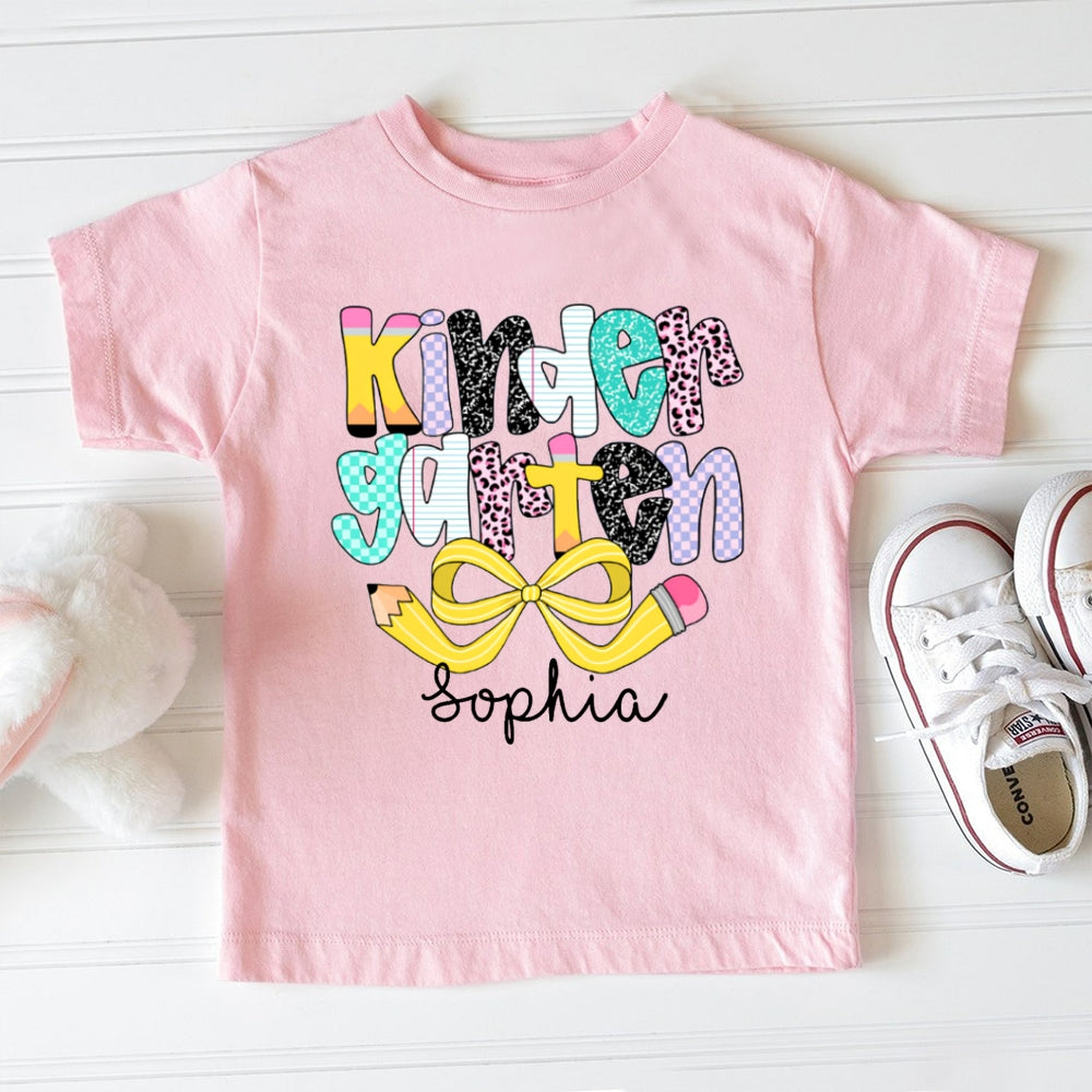 Personalized Name Kinder Garten Polka Dot Colored Letters And Yellow Bow Toddler T-shirts