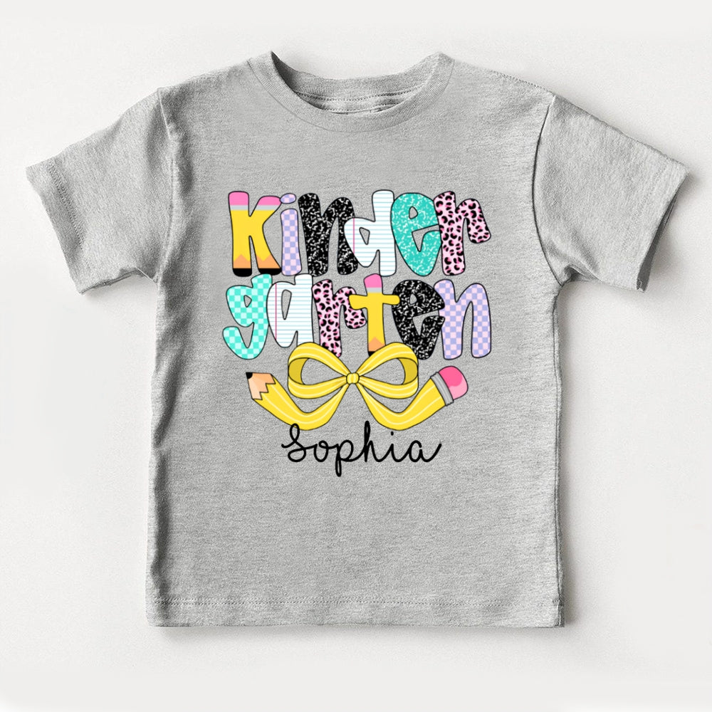 Personalized Name Kinder Garten Polka Dot Colored Letters And Yellow Bow Toddler T-shirts