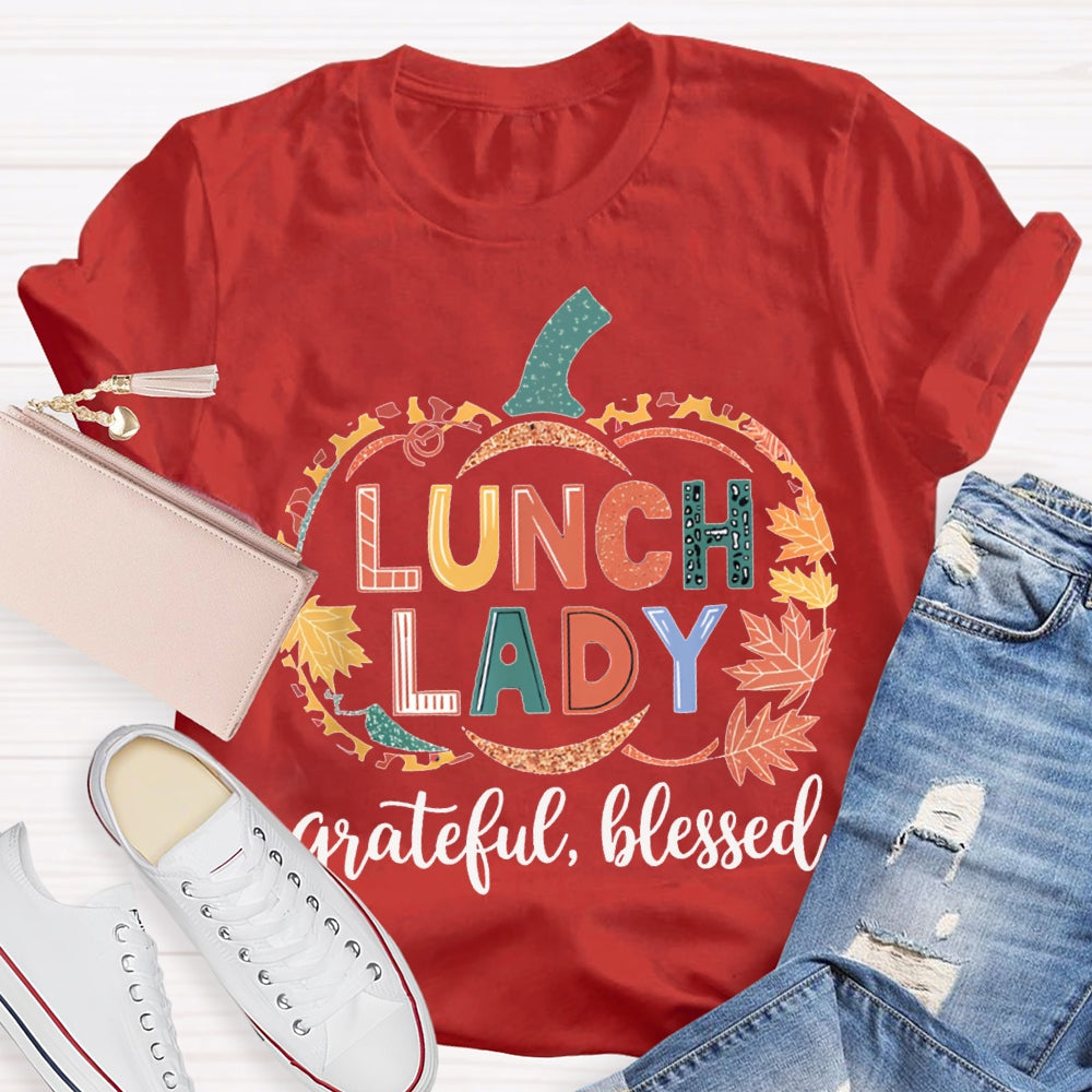 Lunch Lady Grateful Blessed Maple Leaf And Pumpkin Print Halloween T-shirt