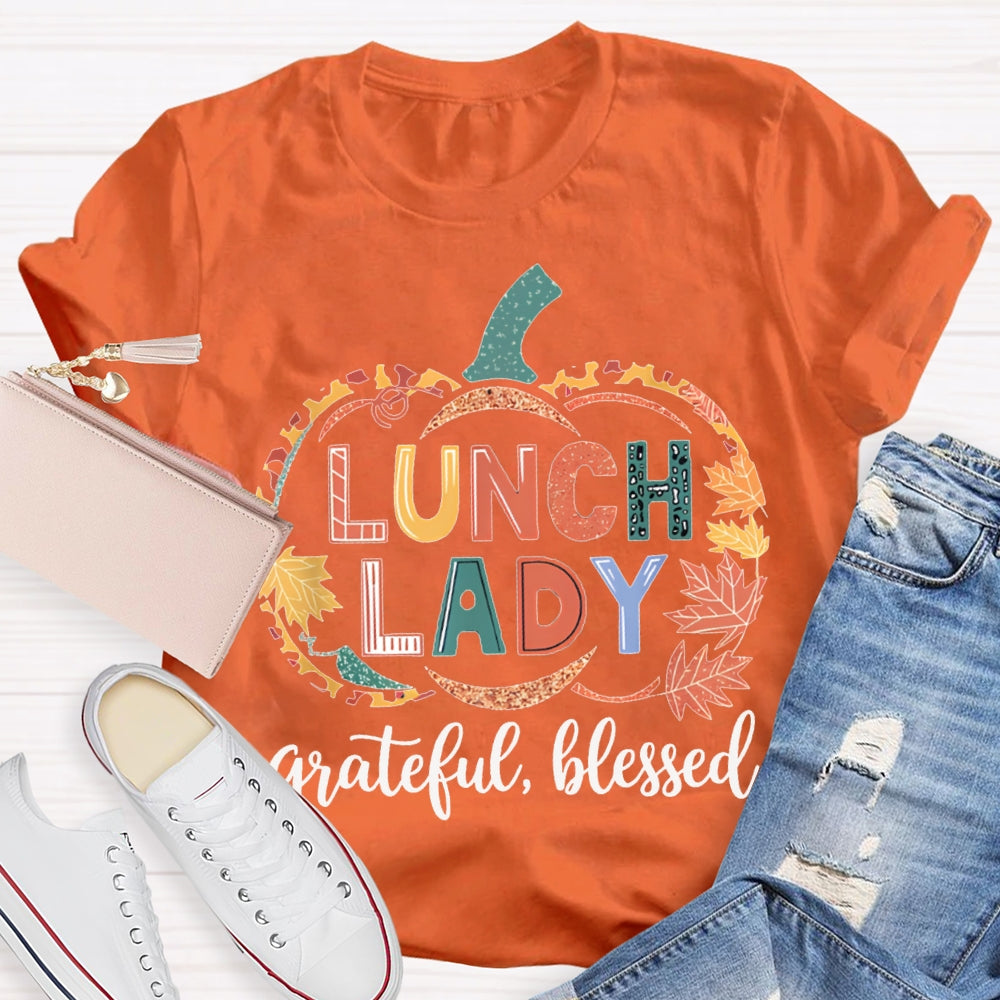 Lunch Lady Grateful Blessed Maple Leaf And Pumpkin Print Halloween T-shirt