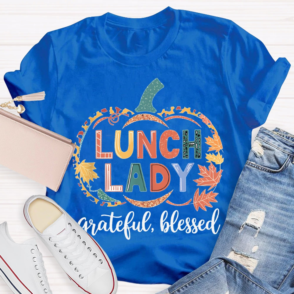 Lunch Lady Grateful Blessed Maple Leaf And Pumpkin Print Halloween T-shirt