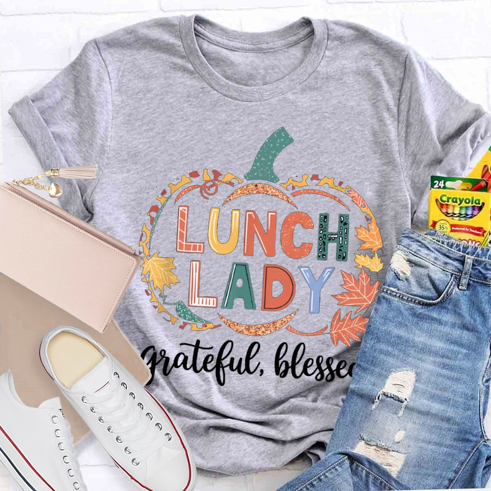 Lunch Lady Grateful Blessed Maple Leaf And Pumpkin Print Halloween T-shirt