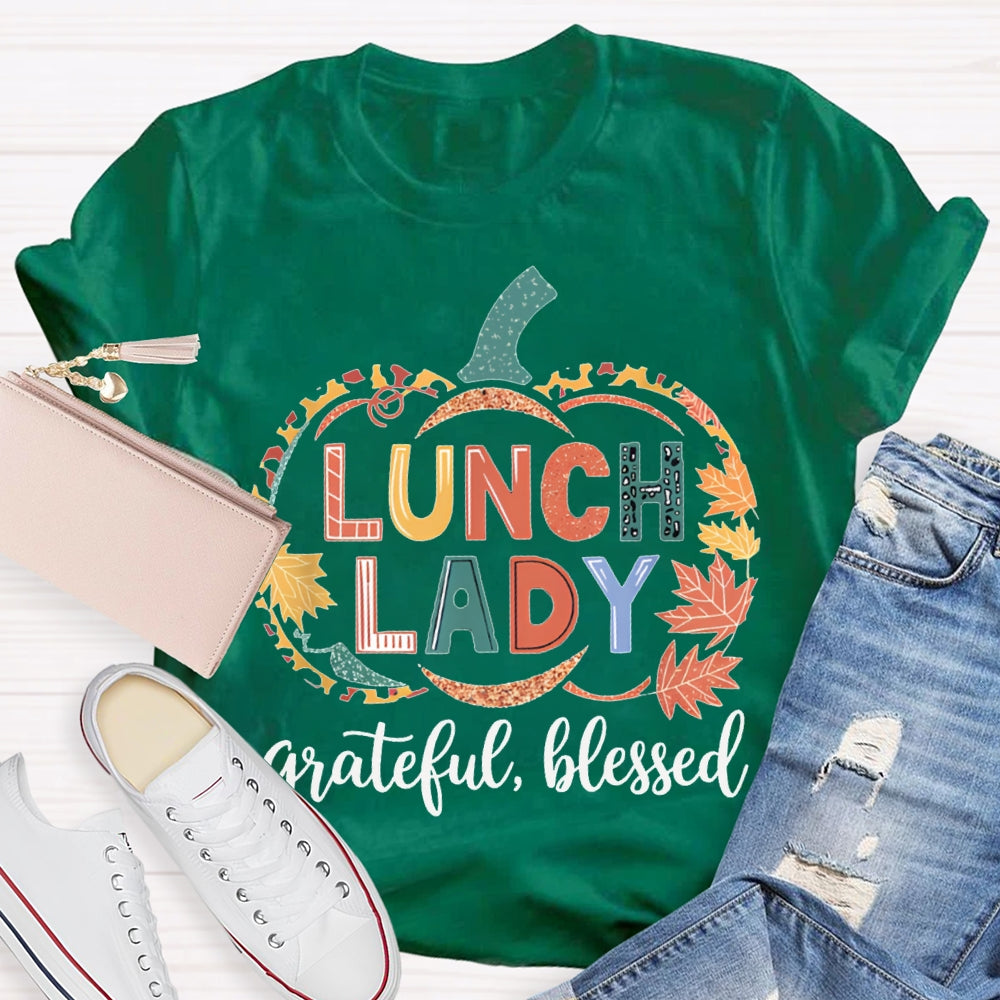 Lunch Lady Grateful Blessed Maple Leaf And Pumpkin Print Halloween T-shirt