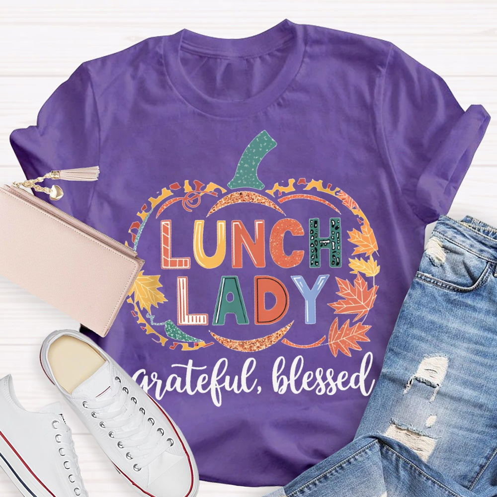 Lunch Lady Grateful Blessed Maple Leaf And Pumpkin Print Halloween T-shirt